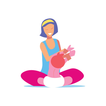 Young mother playing with child vector illustration isolated on white background. Family fitness training, gymnastics for children in flat design.のイラスト素材