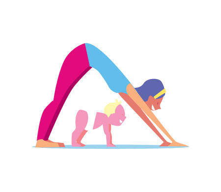 Kids yoga concept with mother and child vector illustration isolated on white background. Family fitness training, gymnastics for children in flat design.のイラスト素材