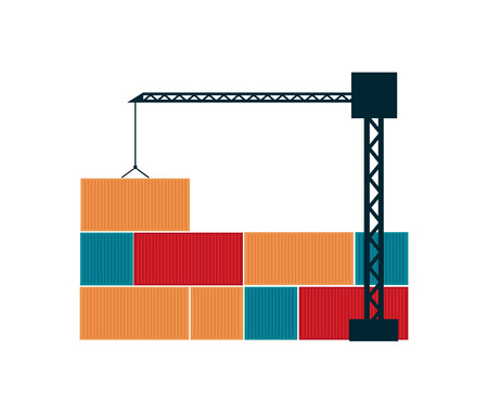 Global shipping icon with tower crane and cargo containers. Worldwide delivery service vector illustration isolated on white background.のイラスト素材