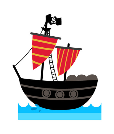 Pirate icon with ship. Children drawing of pirate accessories vector illustration isolated on white background.のイラスト素材