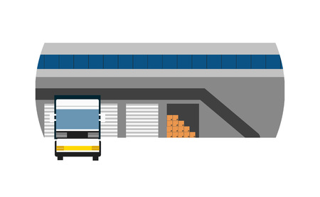 Delivery icon with freight truck near storage.のイラスト素材