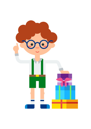 Cute little boy with stack of gift boxes icon. Child birthday event, cute baby kid character isolated vector illustration in flat design.のイラスト素材
