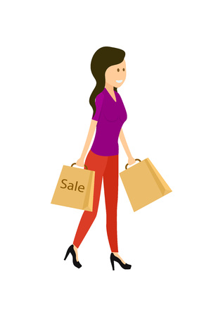 Young woman with supermarket paper bagのイラスト素材