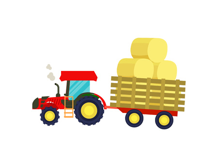 Tractor with balls of hay on trailer iconのイラスト素材