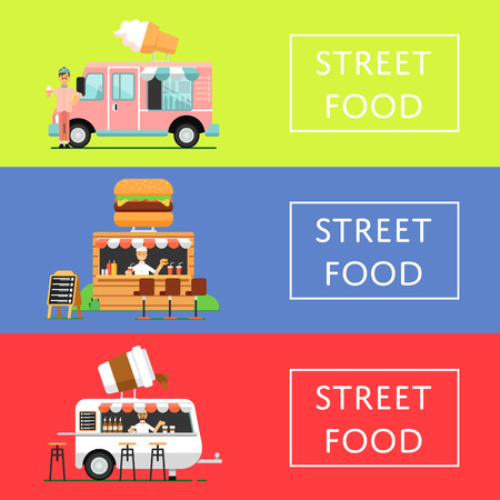 Street food festival flyers set in flat style. Culinary city event template with fast food truck and outdoor cafe, takeaway food service. Restaurant menu flyer, urban food fest vector illustration.のイラスト素材