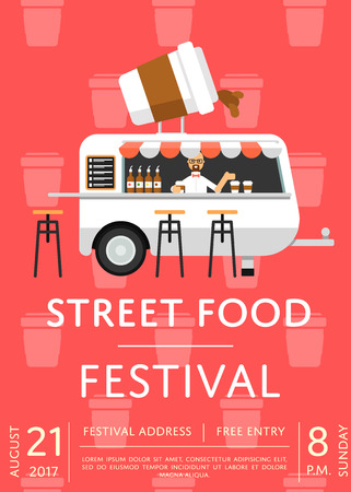 Food truck festival invitation in flat style. Culinary city event brochure template, takeaway street fast food. Outdoor restaurant or cafe menu flyer, urban food fest announcement vector illustration.のイラスト素材