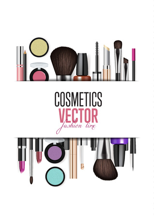 Cosmetics products, fashion makeup banner. Brushes, powder palettes, lipstick, eye pencil, nail polish realistic vector illustrations.のイラスト素材