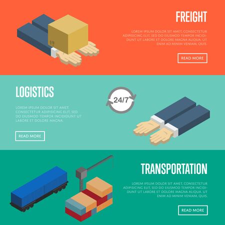 Freight logistics and transportation isometric banners vector illustration. Packing box on human hands, cargo crane loading train. Freight transportation, logistics, postal service and distributionのイラスト素材
