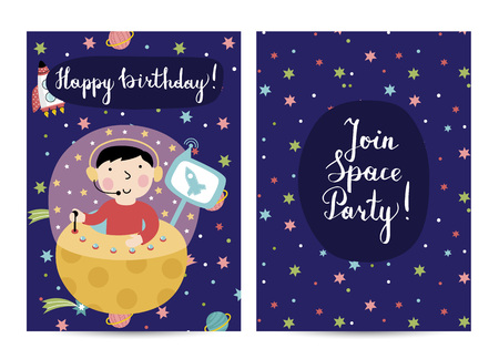 Happy birthday cartoon greeting card on space theme. Cute boy on fantastic spaceship flying in space vector illustration on starry blue background. Bright invitation on childrens costumed partyのイラスト素材