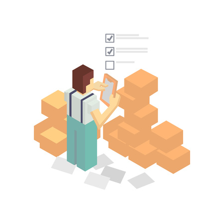 Warehouse worker with delivery boxes isometric icon. Local shipping service vector illustration isolated on white background.のイラスト素材