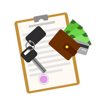 Rent car business concept with car key, money and contract isolated on white background vector illustration. City renting car service in flat design.のイラスト素材
