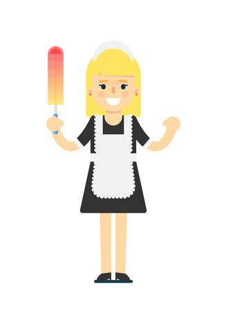 Cleaning woman in uniform icon. Professional cleaning service vector illustration in flat design.のイラスト素材