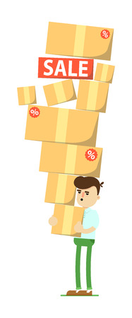 Smiling man with pile of boxes icon. Shopping in supermarket, retail vector illustration in flat design.のイラスト素材