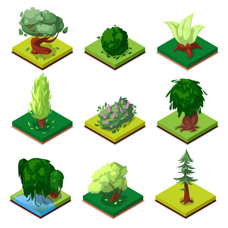 Public park decorative trees isometric 3D set. Oak, pine, fir, bush, willow, beech, poplar, green grass, vector illustrations. Nature elements collection for summer park landscape design.のイラスト素材