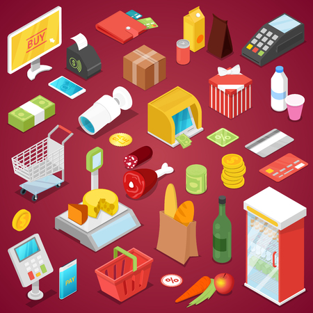 Supermarket shopping isometric 3D setのイラスト素材