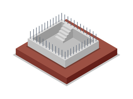Construction of walls isometric 3D icon. Construction stages of countryside house, low poly model of rural real estate building vector illustration.のイラスト素材