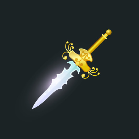 Magic stiletto isolated element. Shiny medieval weapon for computer game design. Fight decoration, fantasy battle cartoon object vector illustration.のイラスト素材