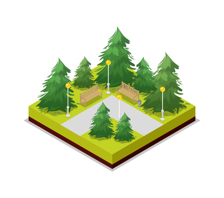 Park road and pine trees isometric icon on white background.のイラスト素材