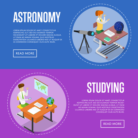 Geography and astronomy studying at school isometric 3D posters. Young people sitting at table in classroom and doing homework. Individual education concept, student in audience vector illustration.のイラスト素材