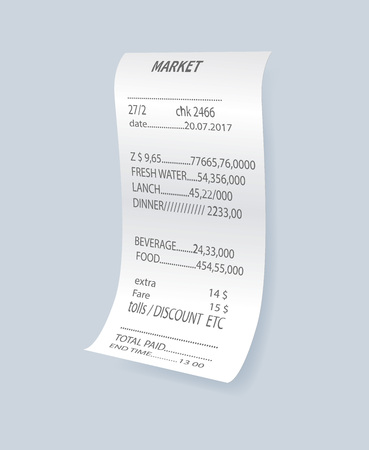 Realistic financial atm check vector element. Shop reciept, retail bill isolated object, paper print check, receipt records sale of goods or provision of service.のイラスト素材