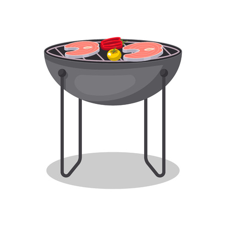 Charcoal barbecue grill with grilled fish steak isolated icon. BBQ party, outdoor cooking equipment, restaurant menu element vector illustration.のイラスト素材