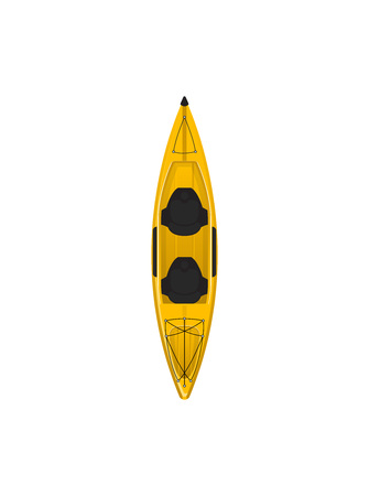 Plastic yellow travel kayak isolated icon. Rafting, kayaking, paddling and canoeing outdoor activity. Extreme water sport, relaxation on river or lake, adventure by boat vector illustration.のイラスト素材