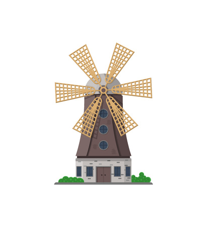 Holland medieval windmill building isolated icon. Rural bakery shop, organic agricultural production, ecological food manufacturing vector illustration.のイラスト素材