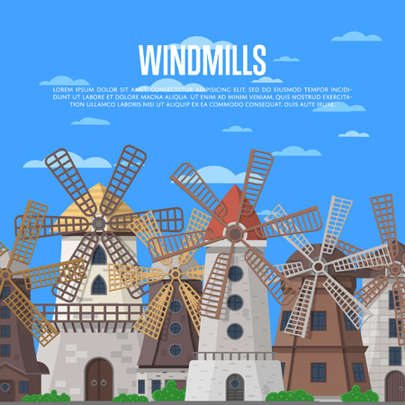 Medieval windmills on blue sky backgroundのイラスト素材