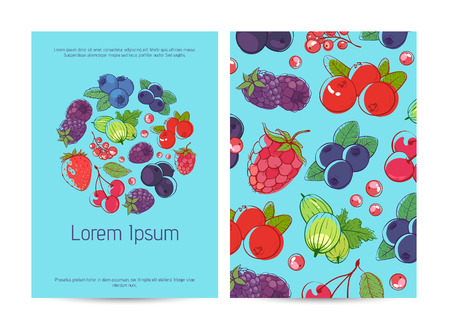 Healthy food poster template with fresh berries. Natural organic nutrition, vegan cafe menu design. Raspberry, blackberry, strawberry, gooseberry, currant, blueberry and cherry vector illustration.のイラスト素材