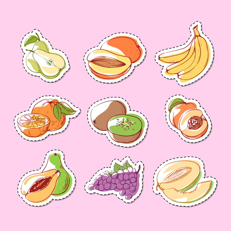 Fresh and juicy fruits isolated labels. Pear, orange, kiwi, grapes, banana, melon, apricot, avocado symbols. Natural sweet eco food, healthy vegan nutrition, organic farming vector illustrationのイラスト素材