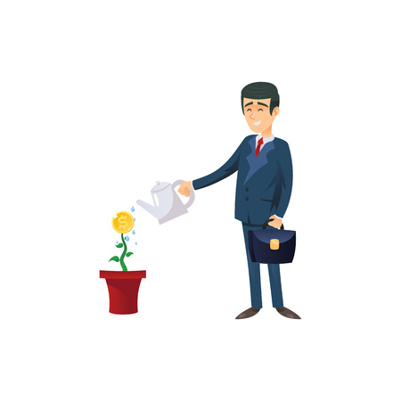 Cartoon man image watering the coin plant illustrationのイラスト素材