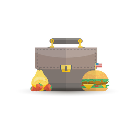 Stylish briefcase with fruits and burgerのイラスト素材
