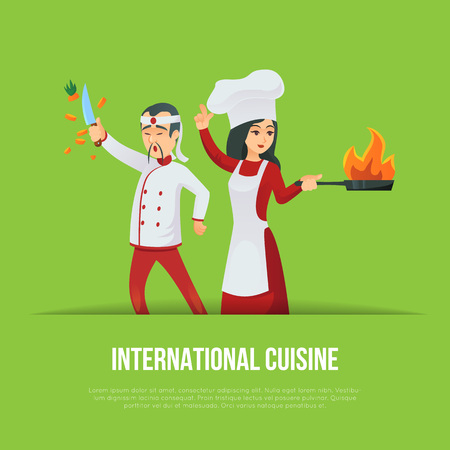 Masters of international cuisine concept. Cute young chefs in red cooking uniform and hat. Cooking classes or chef teaching advertising, kitchen staff recruitment agency vector illustration.のイラスト素材