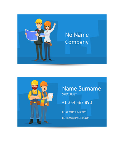 Building company business card layout with construction workers in uniform and safety helmets. Corporate identity template for professional engineering and construction services vector illustration.のイラスト素材