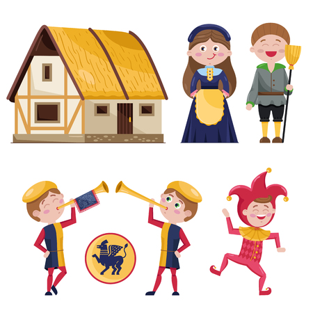 Set of medieval characters and houseのイラスト素材