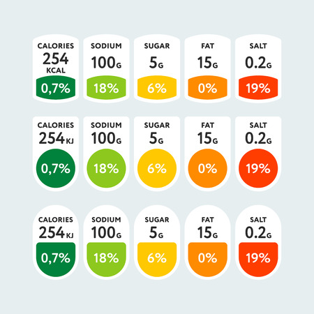 Composed colorful tags with various nutrients shown in grams and percentage of daily normのイラスト素材