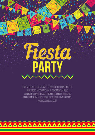 Vector design of colorful amusing poster advertising Fiesta party on purple background with vivid flags and ornamentsのイラスト素材