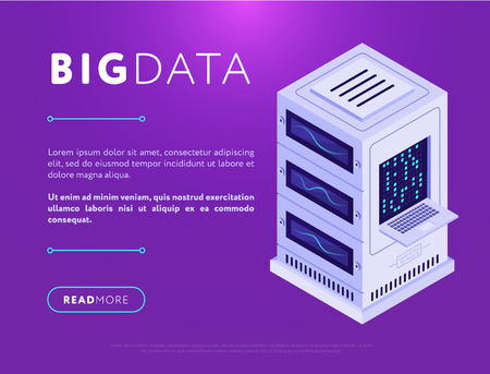 Colorful and creative isometric design of big database with text on webpage in purple color のイラスト素材