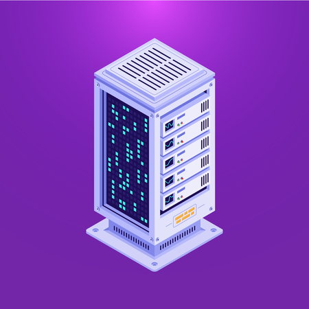 Isometric design of big data center base on bright purple background