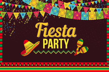 Stylish vector design of poster with Fiesta party invitation in layout with sombrero hats and shakers on brown backgroundのイラスト素材
