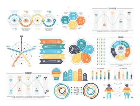 Colorful vector set of various diagrams and charts for infographic templates isolated on white backgroundのイラスト素材