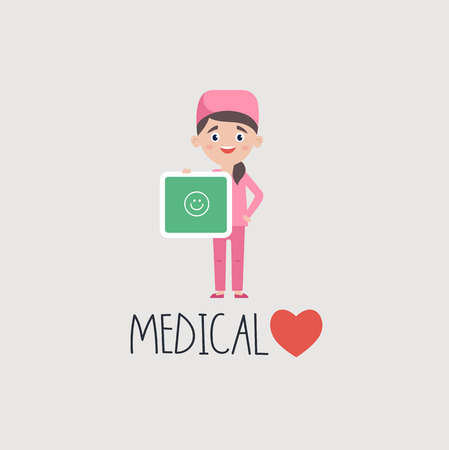 Cheerful doctor with medical wordの写真素材