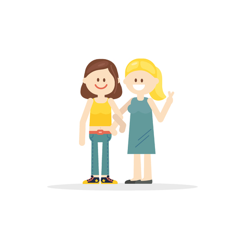 Cartoon design of cheerful women holding hands and smiling showing two fingers isolated on white backgroundのイラスト素材