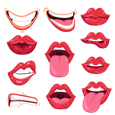 Set of various cartoon red lips showing various playful and positive emotions isolated on white backgroundのイラスト素材