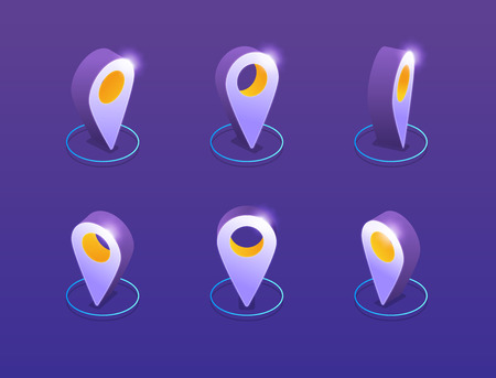Vector set of rotating shiny isometric map marker icons on purple backgroundのイラスト素材