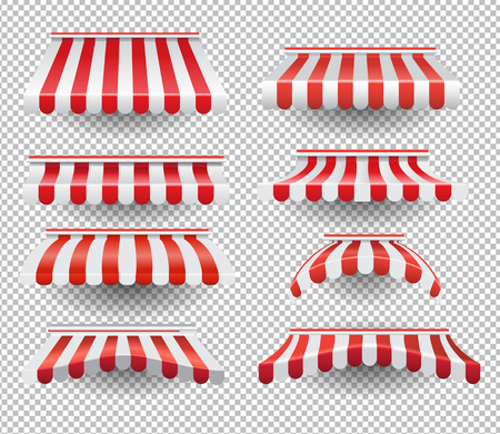 Vector set of graphic colorful tents in red and white stripes on transparent backgroundのイラスト素材