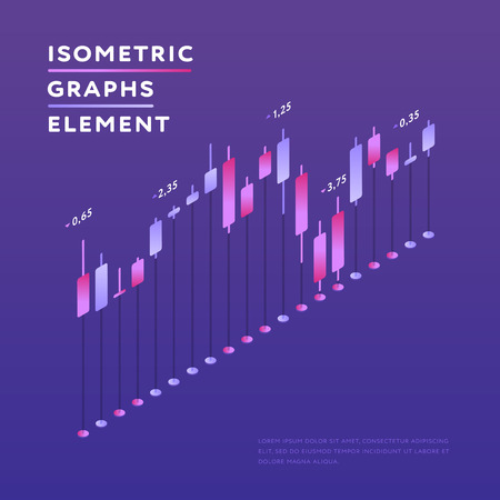 Vivid vector isometric design of graph showing various information on bright purple backgroundのイラスト素材