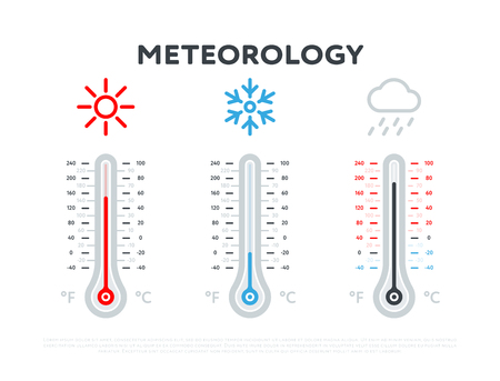 Cloudy, hot and cold meteorology thermometers on white background. Blue and red thermometers with cloudy, sun and snowflakes iconのイラスト素材