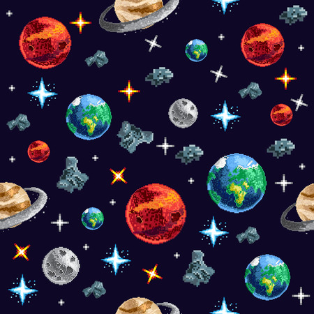 Design of pixel seamless background with flying planets and stars on dark backgroundのイラスト素材