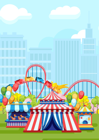 Colorful design of city park with amusements and merry-go-round on urban backgroundのイラスト素材